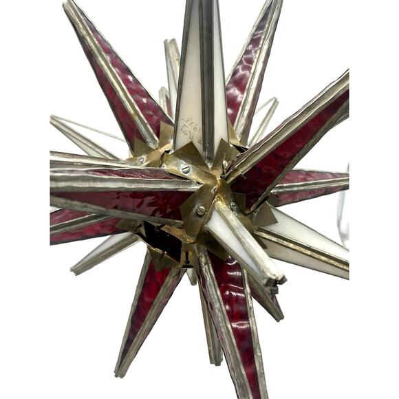 Brutalist Handmade Stained Glass Moravian Star Large Red white signed 1975 R Roy - Picture 6 of 6